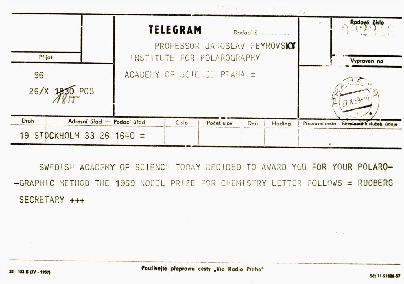 Telegram ze Stockholmu s oznámením o udělení Nobelovy ceny.